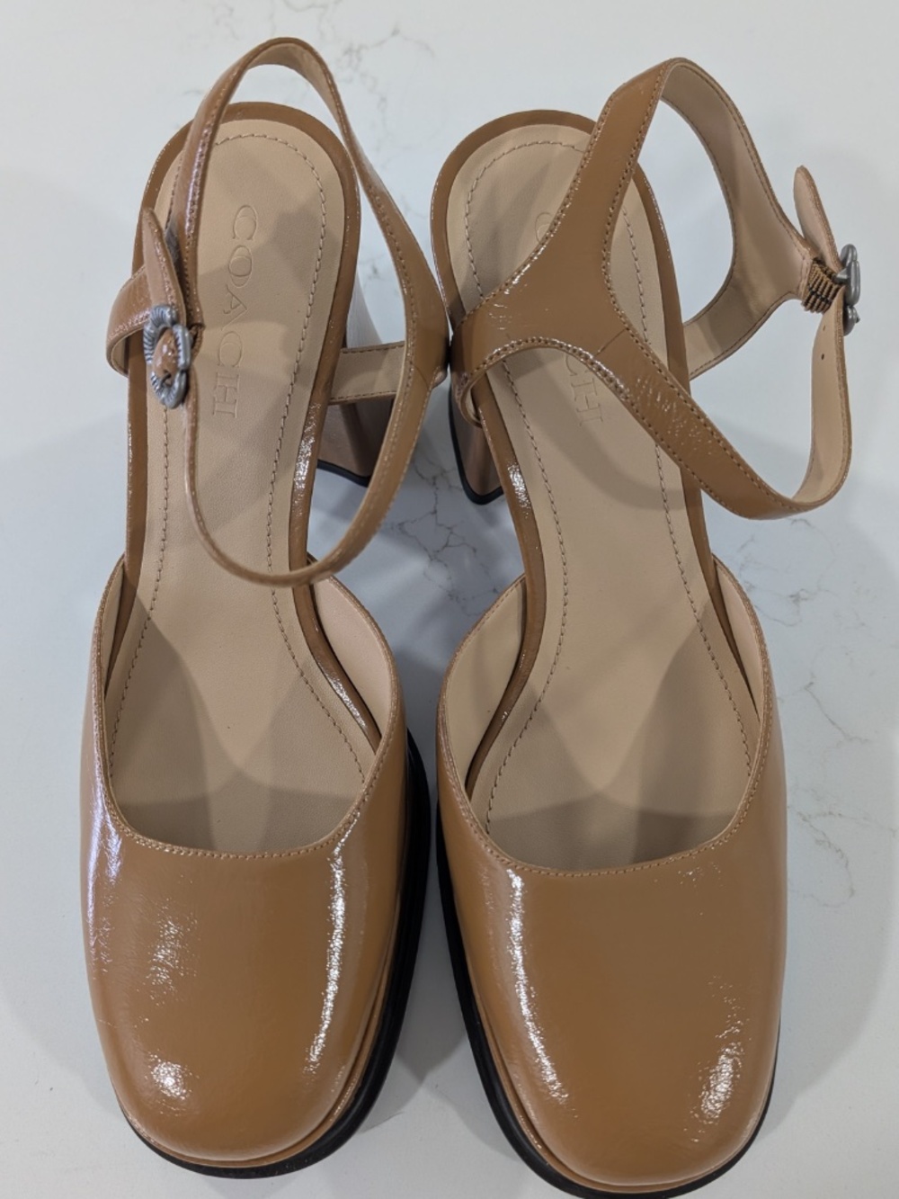 COACH Tea Rose Platform Pumps Size 10 Brown Glazed Leather Flower Buckle NWOB - Picture 10 of 14